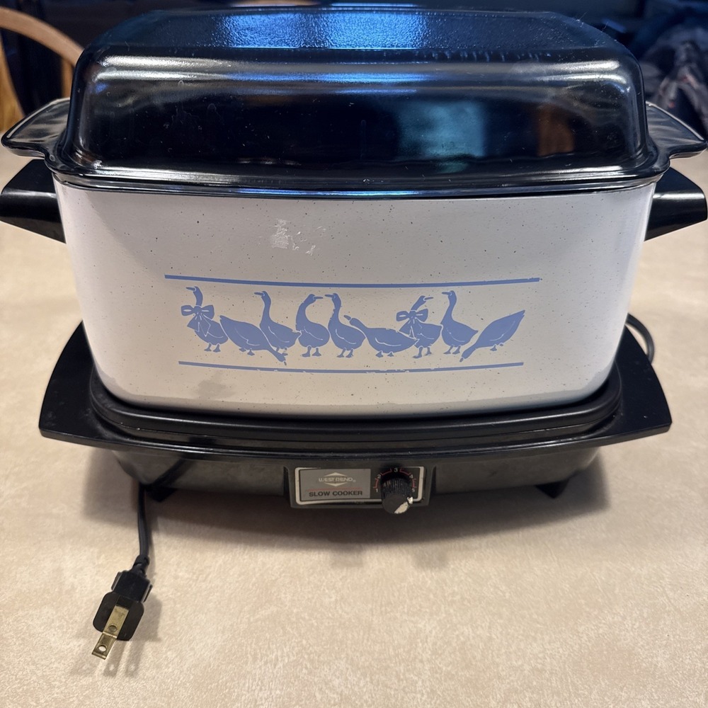West Bend Slow Cooker Vintage Blue Country Geese Oblong Pot Griddle Base Lid